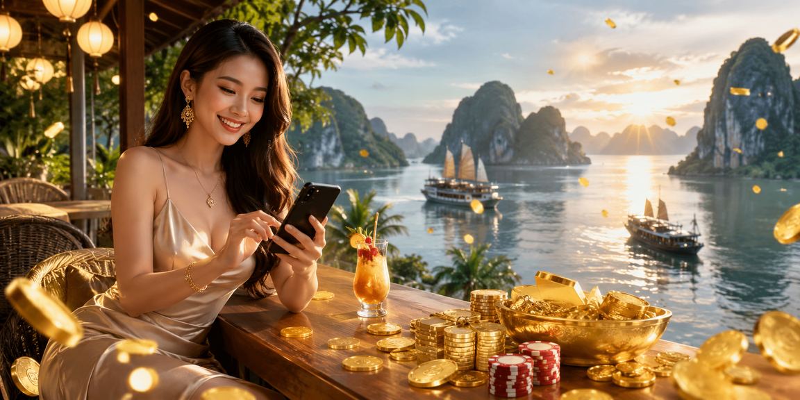 Người dùng tại Hạ Long sử dụng điện thoại để truy cập dịch vụ tài chính trực tuyến bên bờ vịnh