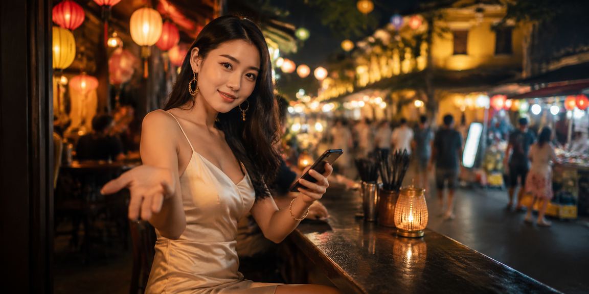 Người dùng đăng nhập xsmn2 trên điện thoại tại chợ đêm Hội An